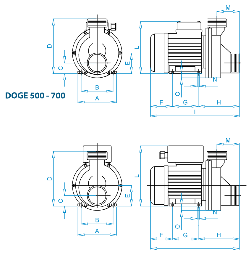 Disegno quotato elettropompa Osip DOGE 500-700-800 con le quote della tabella dimensioni
