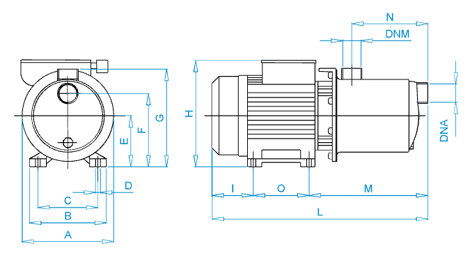 Disegno quotato elettropompa Osip MC 130 N con le quote della tabella dimensioni
