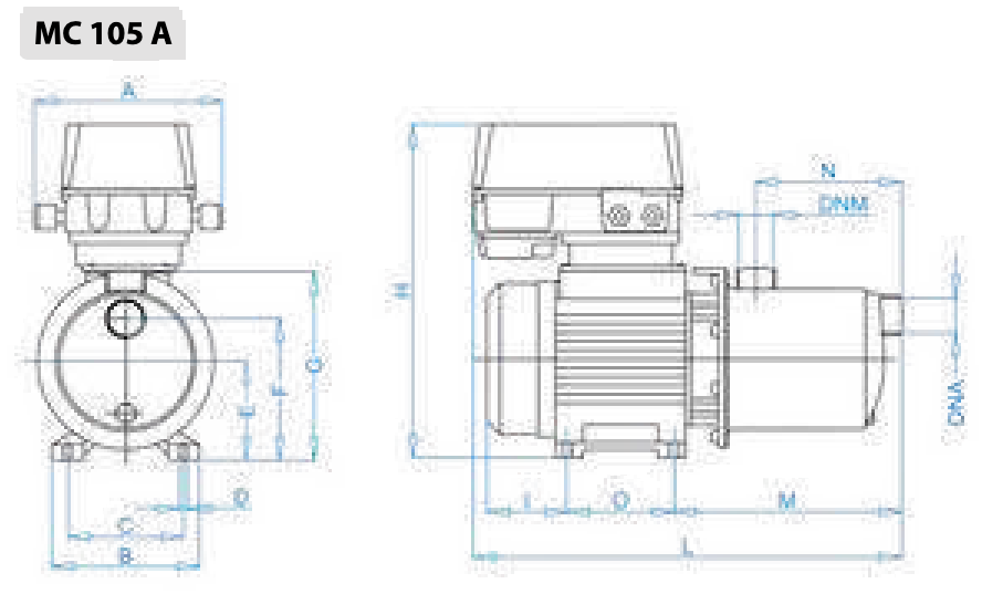 Disegno quotato elettropompa Osip MC-A inverter con le quote della tabella dimensioni