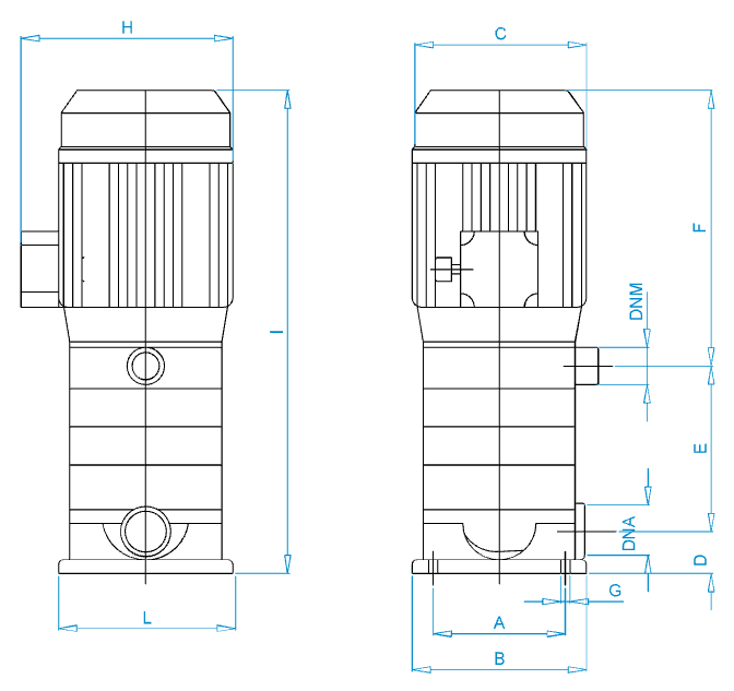Disegno quotato elettropompa Osip MCV 400 con le quote della tabella dimensioni