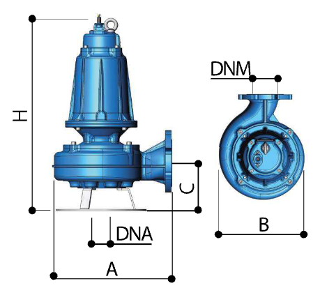 Disegno quotato elettropompa Osip QV 80 e QV 100 con le quote della tabella dimensioni