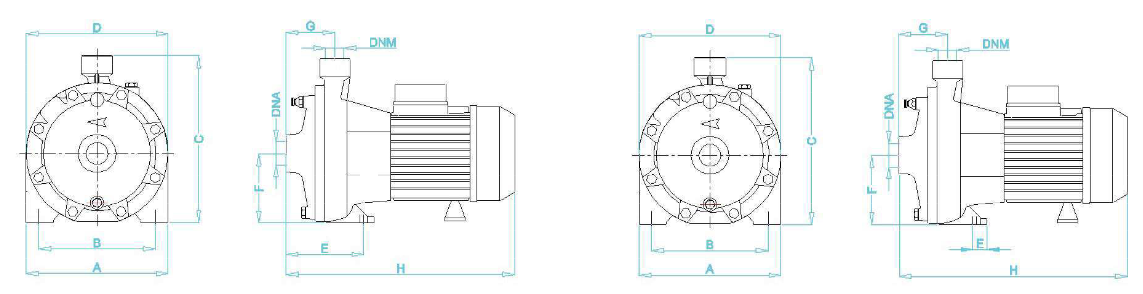 Disegno quotato elettropompa Osip ZH 100-700 con le quote della tabella dimensioni