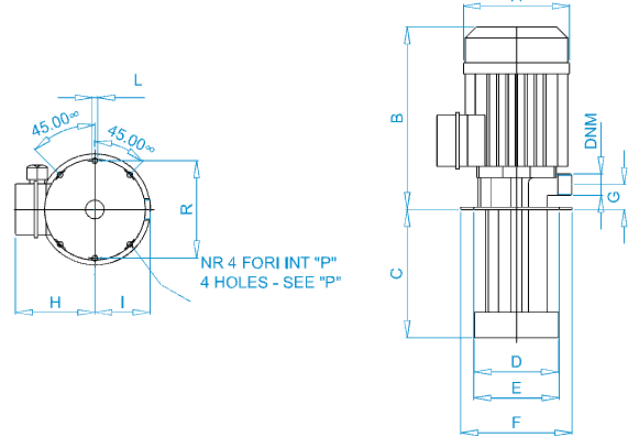 Disegno quotato elettropompa Osip ZV 100 con le quote della tabella dimensioni