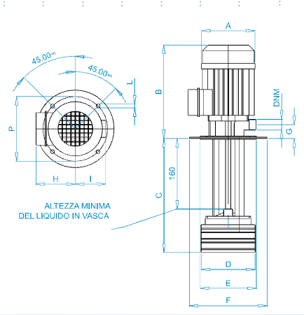 Disegno quotato elettropompa Osip ZVM 90 con le quote della tabella dimensioni